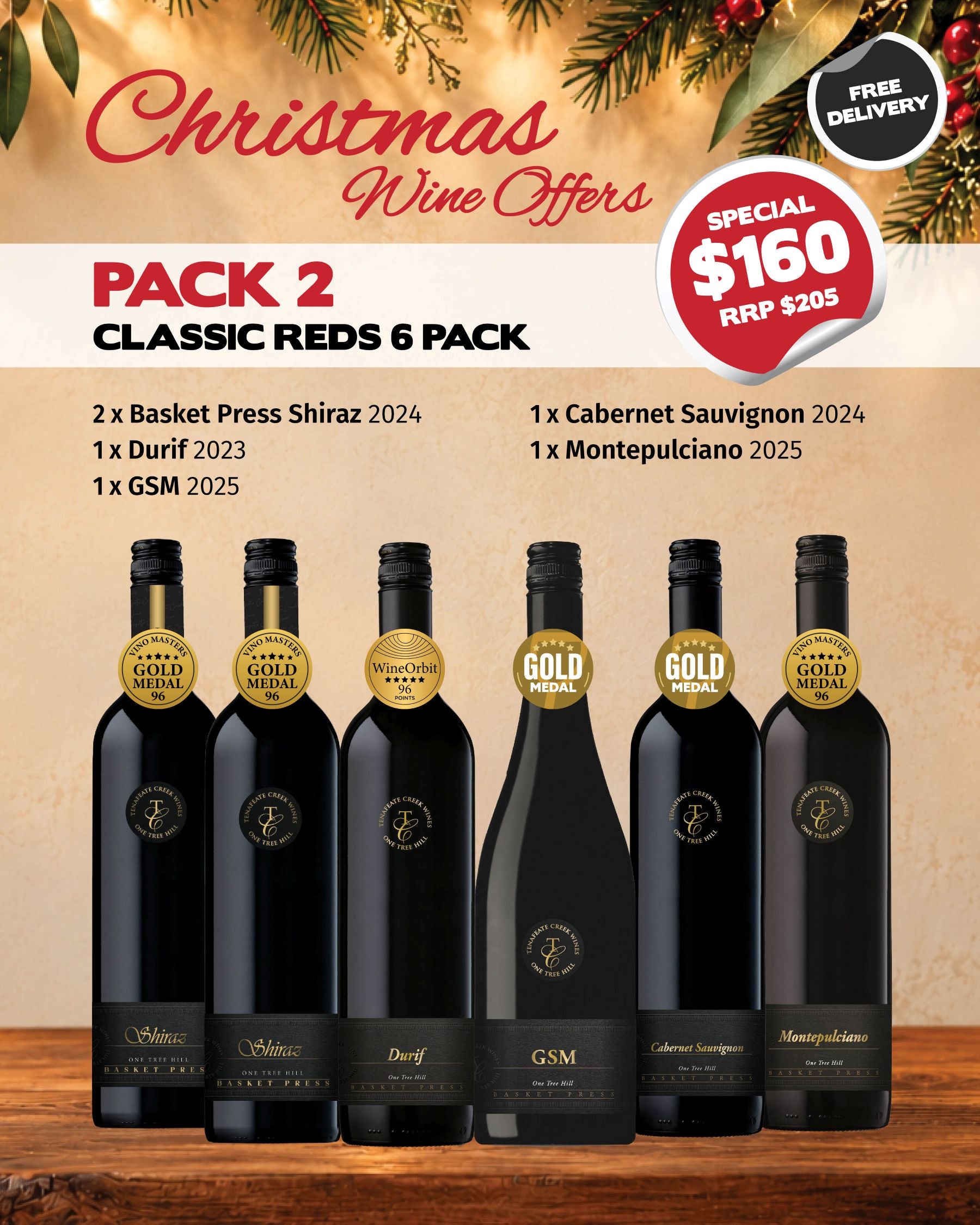 Six bottles of Tenafeate Creek Wines Classic Reds in the XMAS Pack 2, featuring vibrant red wine labels in a festive pack.
