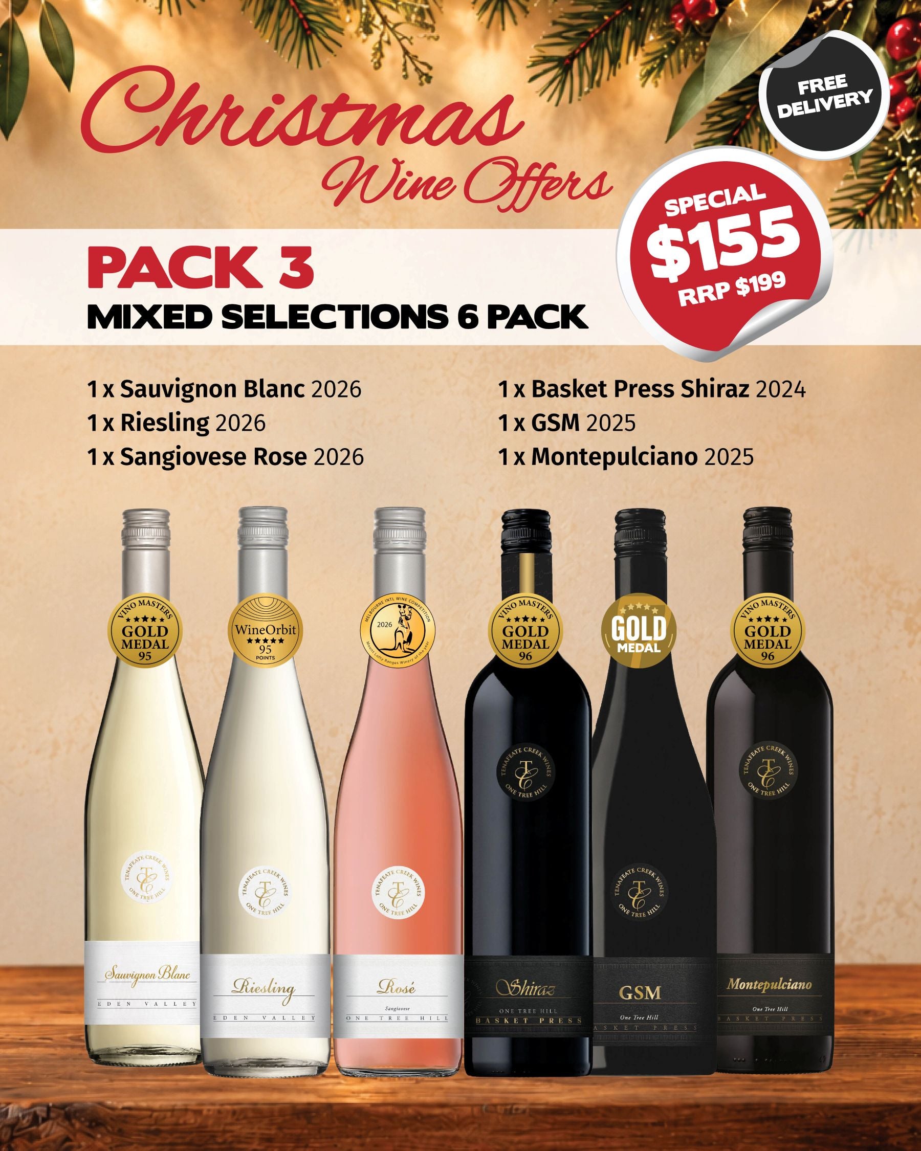 Red wine pack featuring three mixed selections from Tenafeate Creek Wines, six bottles in a festive holiday gift set.
