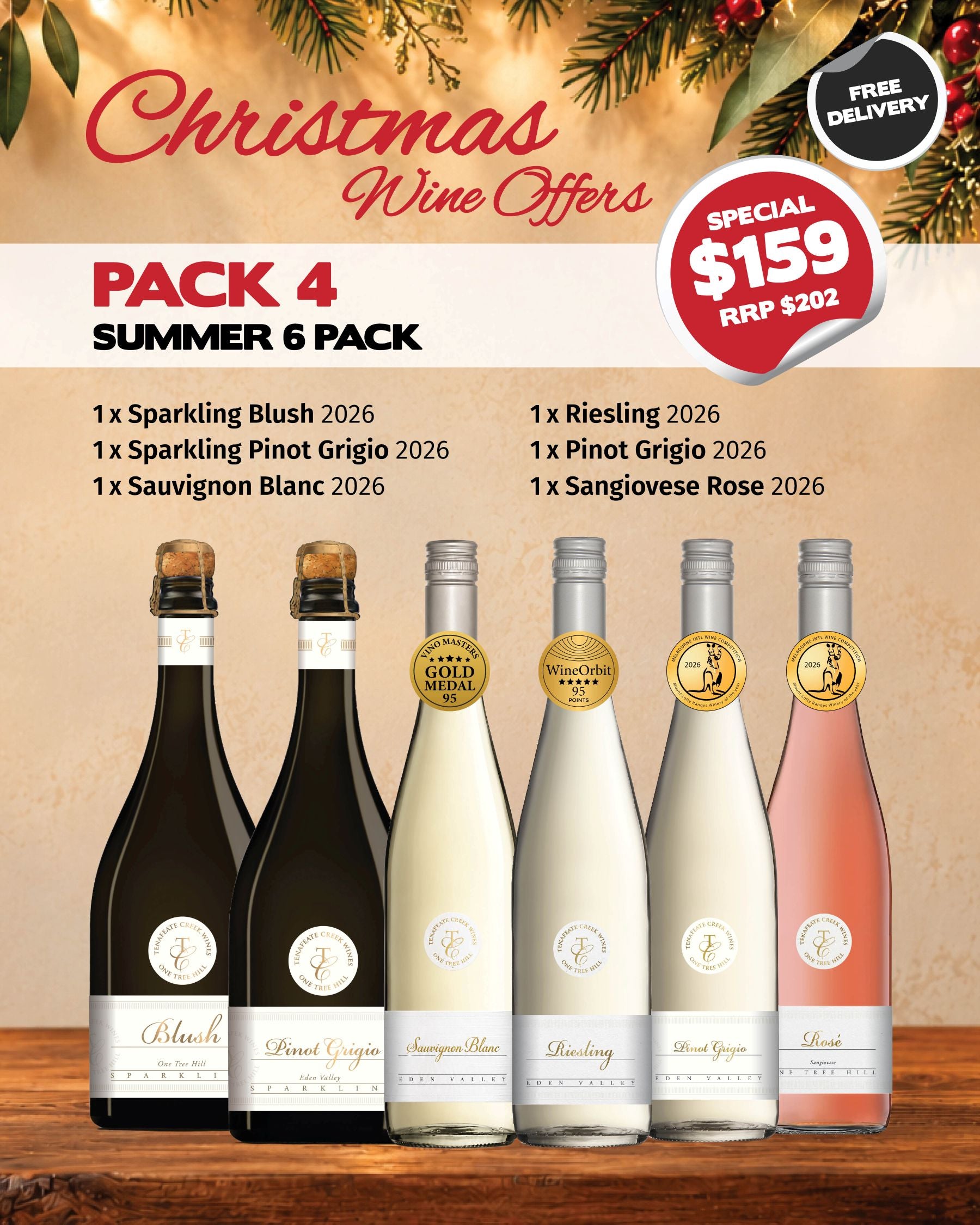 Four red wine bottles from Tenafeate Creek Wines' XMAS Pack 4 - Summer 6 Pack, arranged in a display.